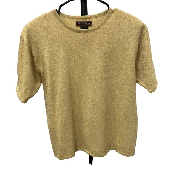 Yarnworks Gold Metallic Short Sleeve Round Neck Sweater Size S - Picture 1 of 8